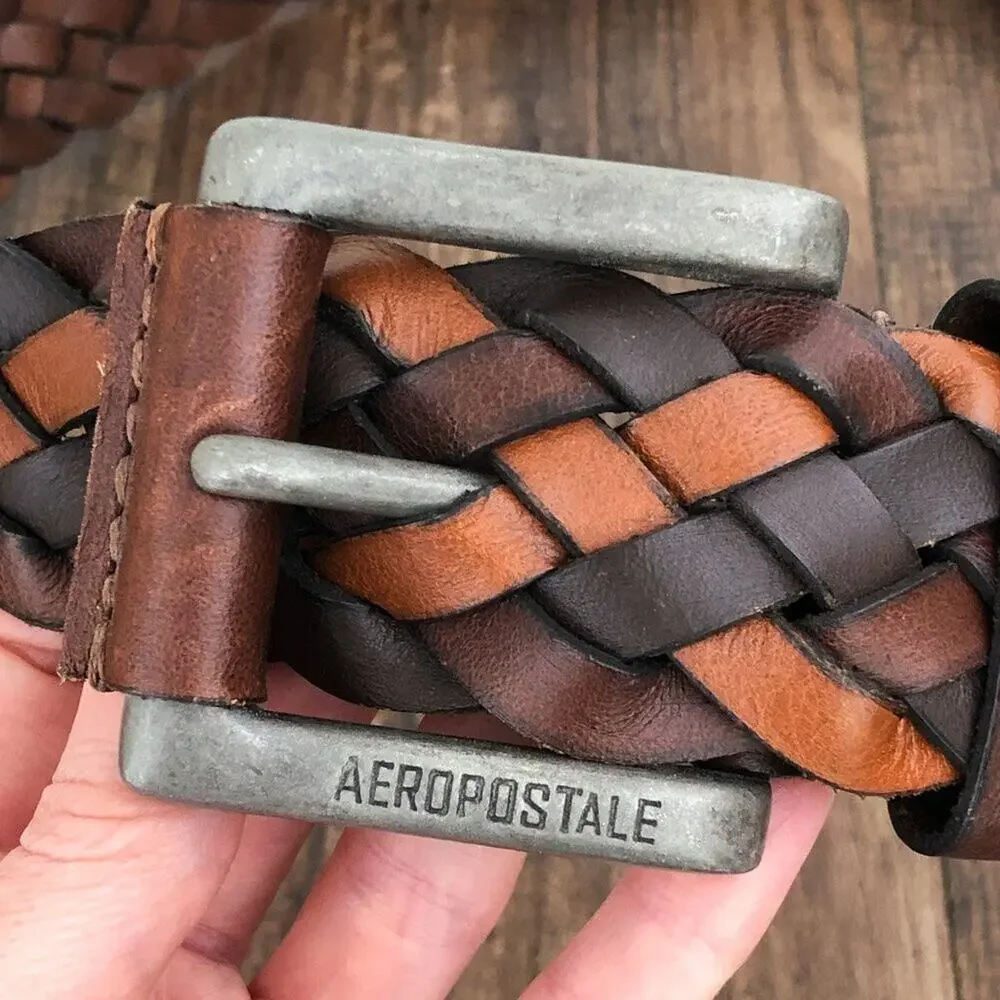 Aeropostale Y2K Wide Woven Leather Belt Rugged Durable Mens Size Medium Brown
